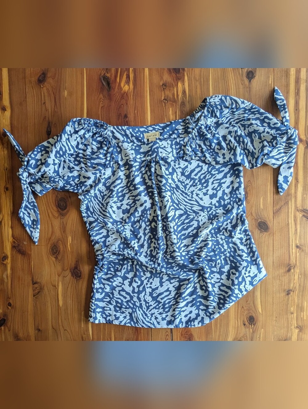 Women's Blue Animal-Print Off-the-Shoulder Top with Tie Sleeves